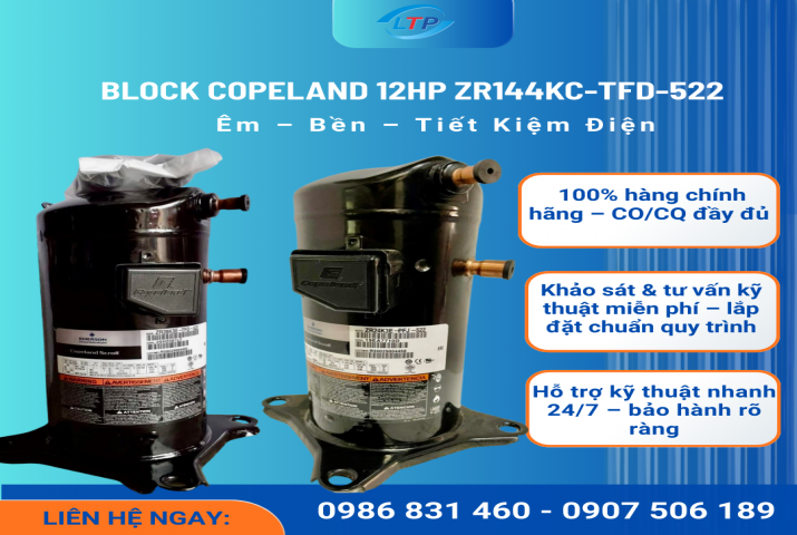 Máy nén lạnh Copeland 12HP ZR144KC-TFD-522 | Hiệu suất cao – Bền bỉ – Tiết kiệm điện